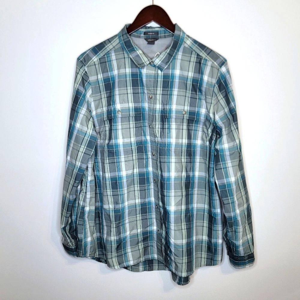 Eddie Bauer Women's Teal and Gray Classic Fit Plaid Button Up Shirt Size XL